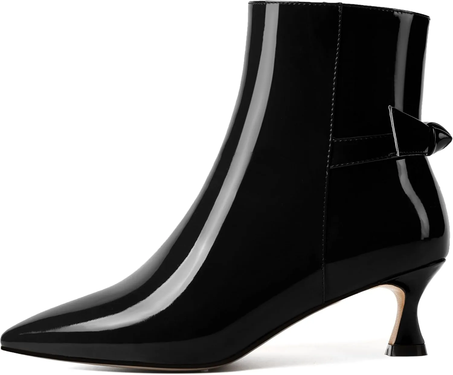 MODENCOCO Womens Patent Wedding Dress Stylish Bow Zip Pointed Toe Kitten High Heel Ankle High Boots 2 Inch