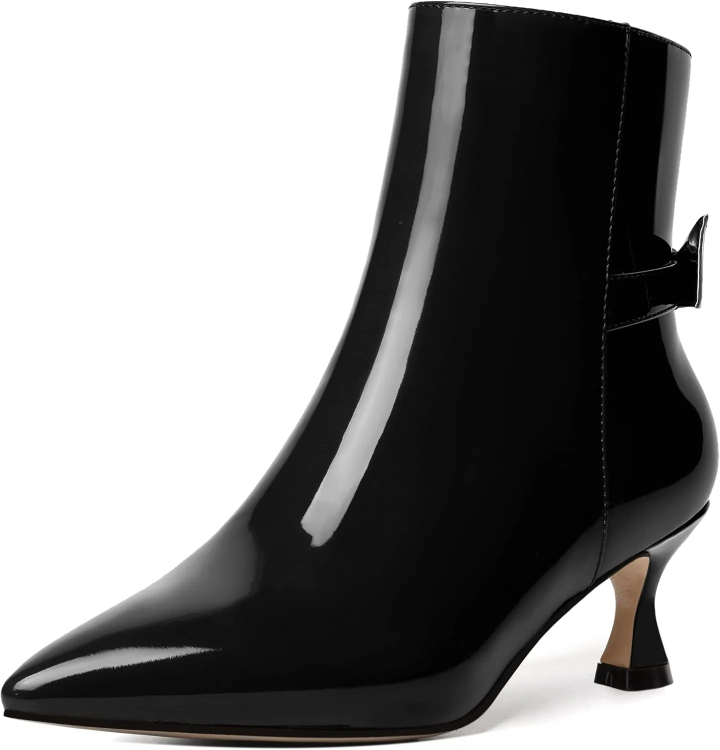 MODENCOCO Womens Patent Wedding Dress Stylish Bow Zip Pointed Toe Kitten High Heel Ankle High Boots 2 Inch