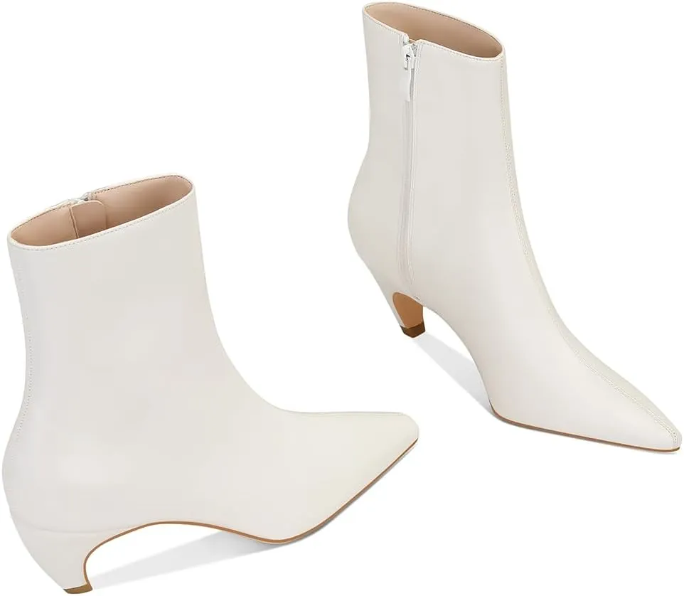 MSONLYDN Women's Kitten Heel Ankle Boots, 2.2 Inch Pointed Toe Short Boots Side Zipper Low Heel Mid Calf Dress Booties