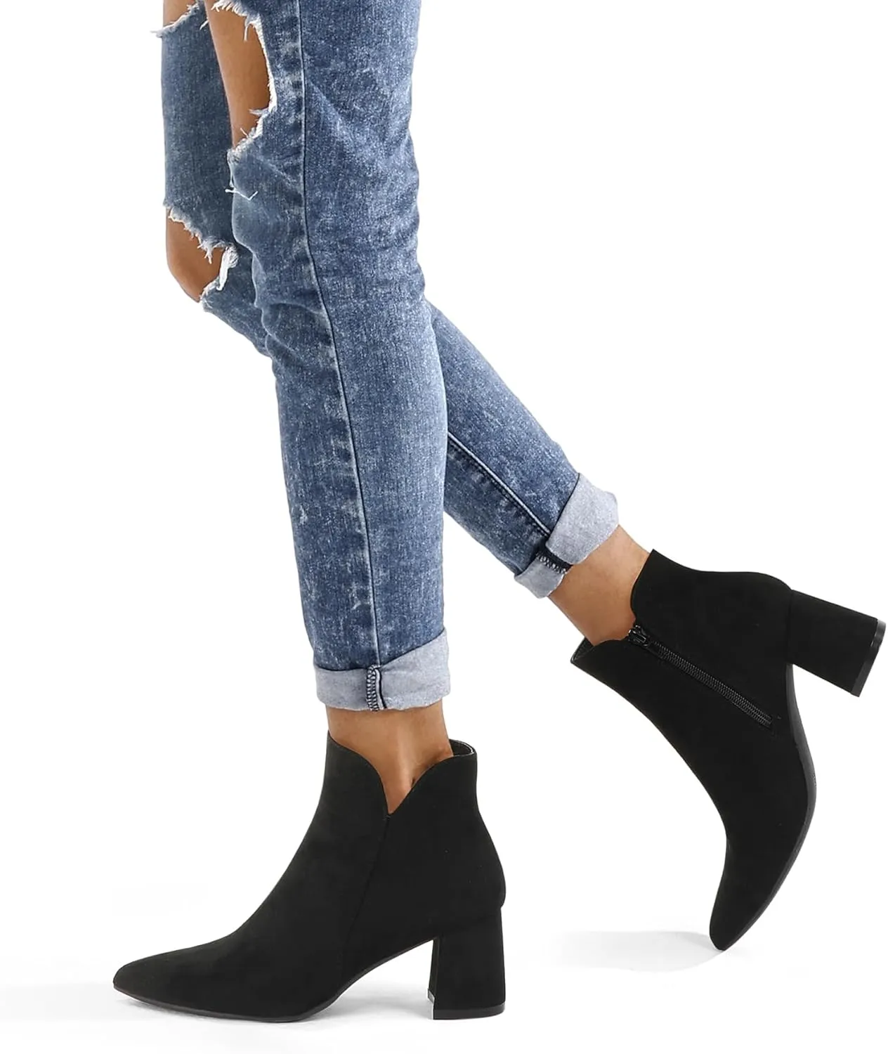 mysoft Women's Ankle Boots Chunky Block Low Heel Comfortable Pointed Toe Side V Cutout Dressy Office Booties with Zipper