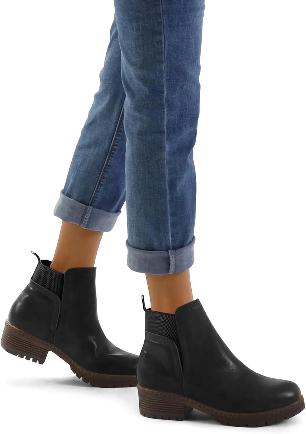 mysoft Women's Elastic Gore Lug Sole Chelsea Boots Slip On Platform Chunky Heel Ankle Booties