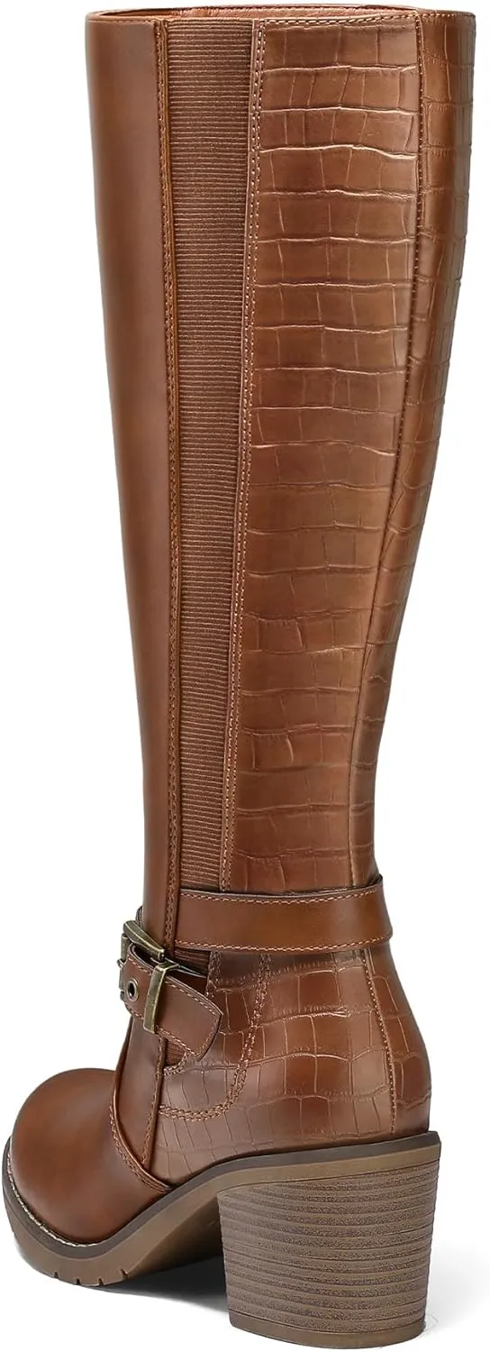 mysoft Women's Knee High Boots Chunky Block Heels with Side Zipper and Stretchy Elastic Panels