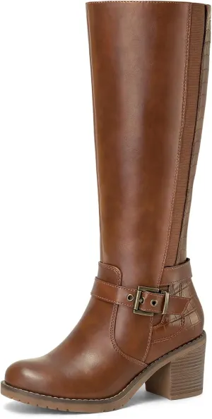 mysoft Women's Knee High Boots Chunky Block Heels with Side Zipper and Stretchy Elastic Panels