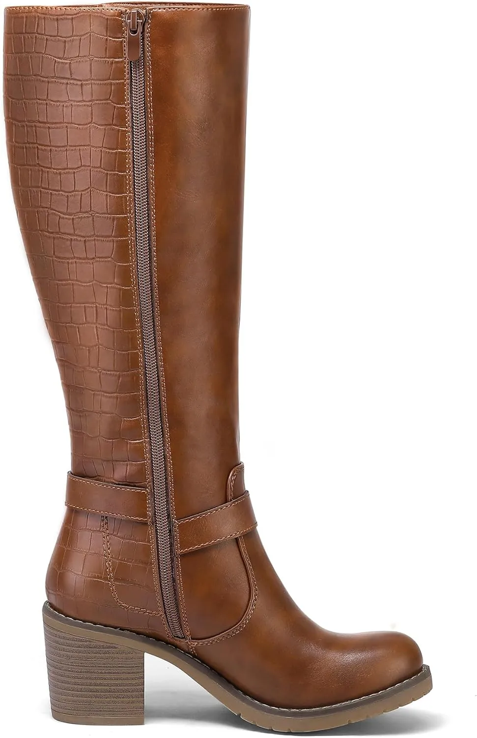 mysoft Women's Knee High Boots Chunky Block Heels with Side Zipper and Stretchy Elastic Panels