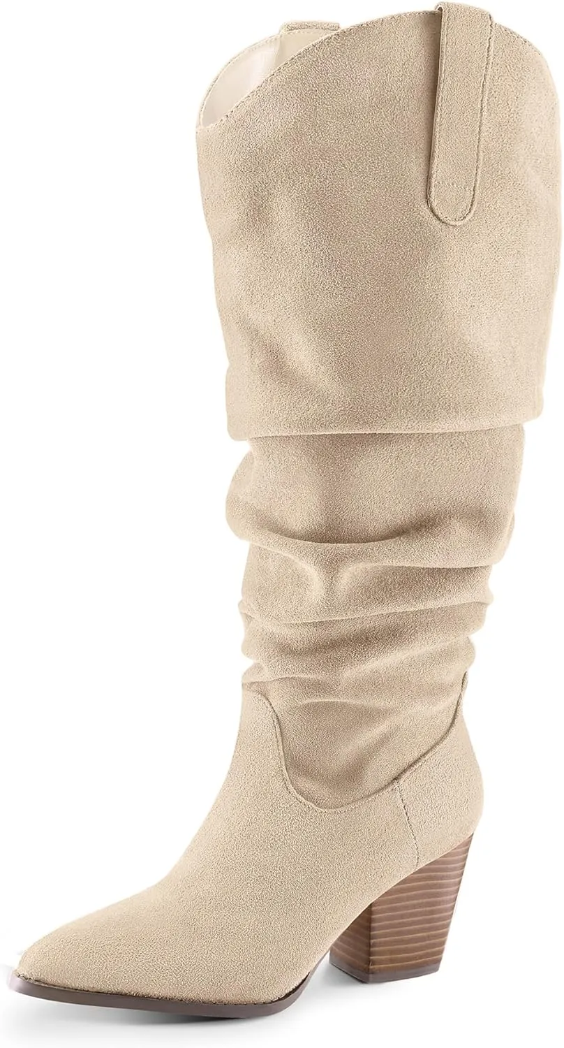 mysoft Women's Wide/Extra Wide Calf Knee High Boots Cowgirl Low Chunky Stacked Heel Wide Width Pointed Toe Slouchy Tall Boots with Zippers