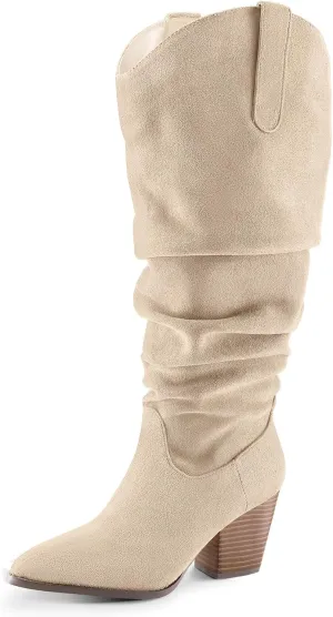 mysoft Women's Wide/Extra Wide Calf Knee High Boots Cowgirl Low Chunky Stacked Heel Wide Width Pointed Toe Slouchy Tall Boots with Zippers