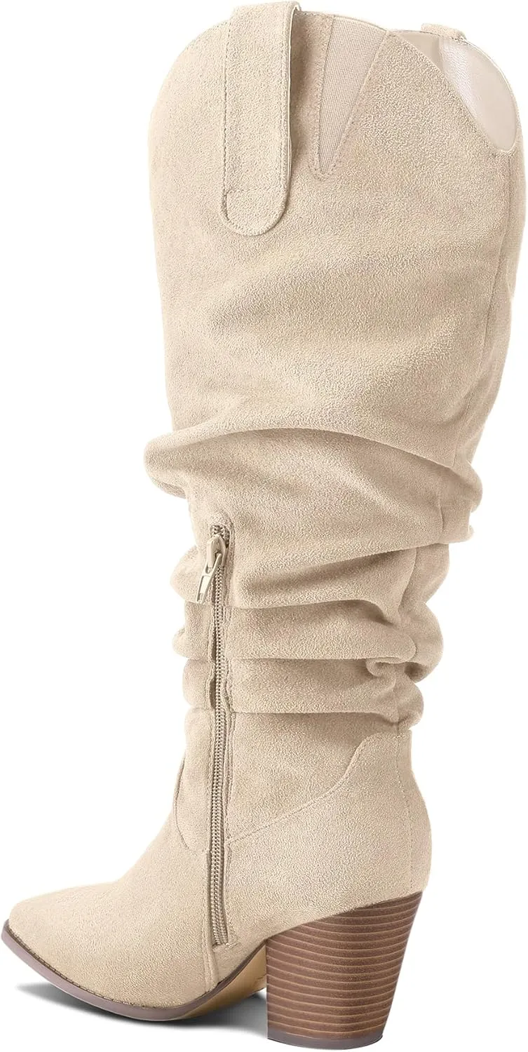 mysoft Women's Wide/Extra Wide Calf Knee High Boots Cowgirl Low Chunky Stacked Heel Wide Width Pointed Toe Slouchy Tall Boots with Zippers