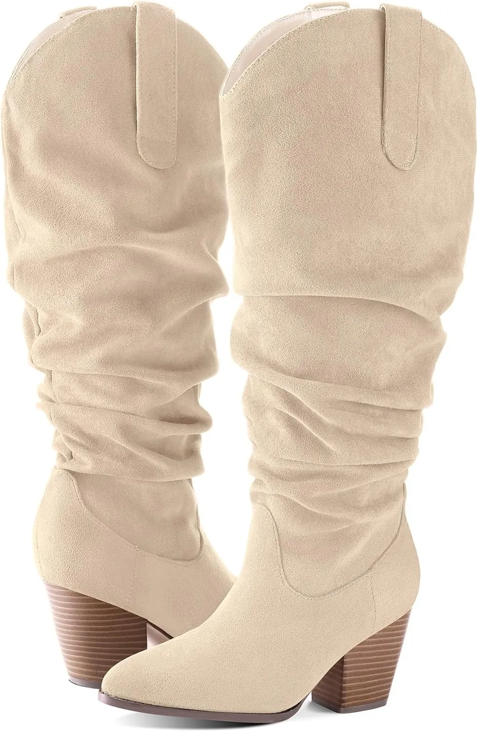 mysoft Women's Wide/Extra Wide Calf Knee High Boots Cowgirl Low Chunky Stacked Heel Wide Width Pointed Toe Slouchy Tall Boots with Zippers