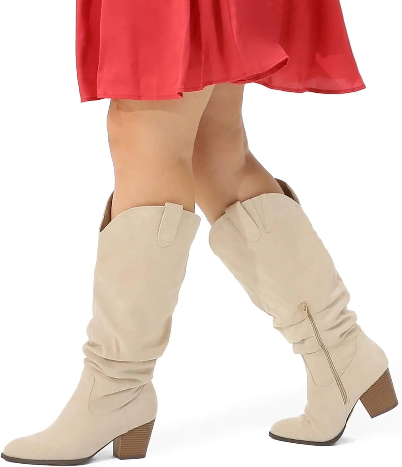 mysoft Women's Wide/Extra Wide Calf Knee High Boots Cowgirl Low Chunky Stacked Heel Wide Width Pointed Toe Slouchy Tall Boots with Zippers