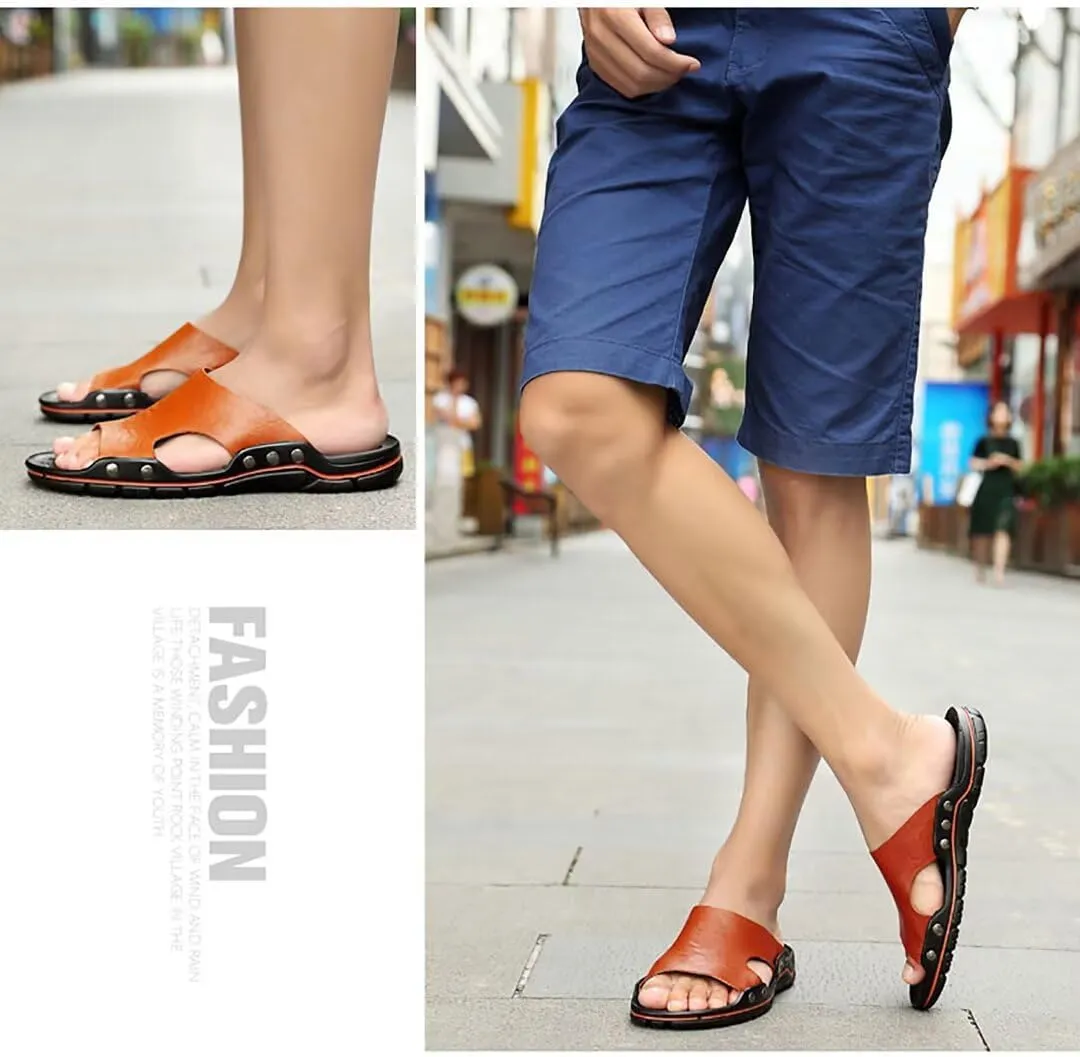 NANXIN&LOVE Mens Slide Sandals Open Toe Non-Slip Comfortable Slide Sandals Men Leather House Slippers Summer Lightweight