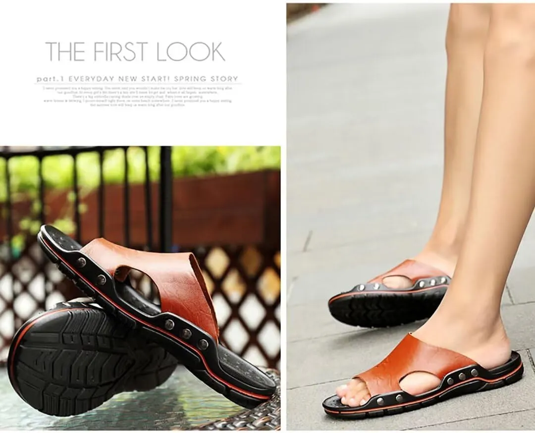 NANXIN&LOVE Mens Slide Sandals Open Toe Non-Slip Comfortable Slide Sandals Men Leather House Slippers Summer Lightweight