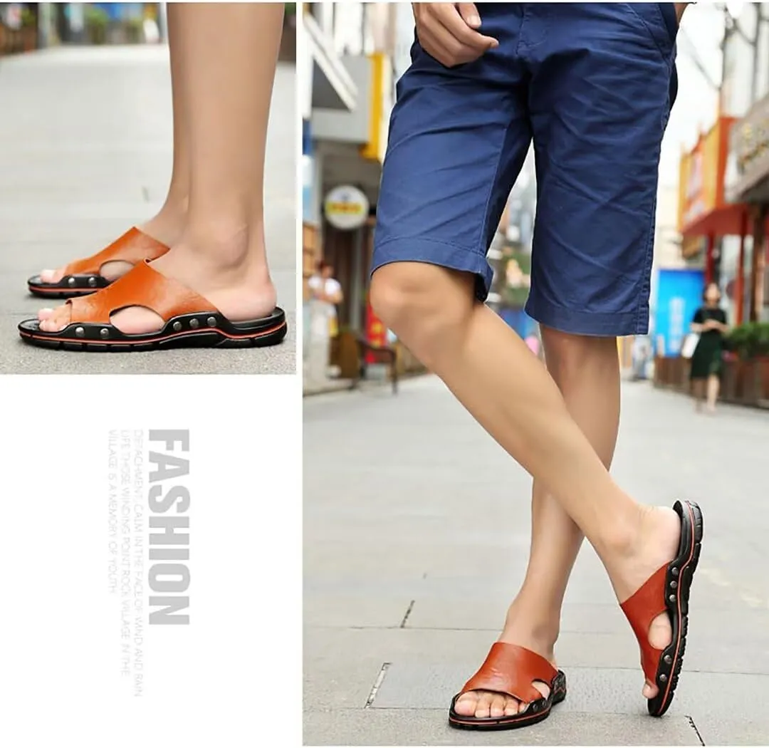 NANXIN&LOVE Mens Slide Sandals Open Toe Non-Slip Comfortable Slide Sandals Men Leather House Slippers Summer Lightweight