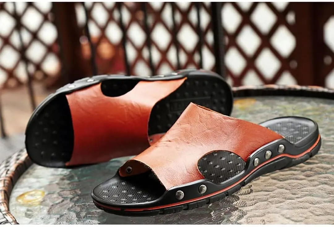 NANXIN&LOVE Mens Slide Sandals Open Toe Non-Slip Comfortable Slide Sandals Men Leather House Slippers Summer Lightweight