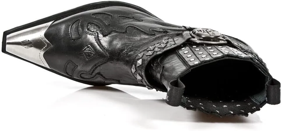 New Rock Mens Boots 7950P-S1 Black Ankle Western Goth Strap Skull Studded Metal Boot