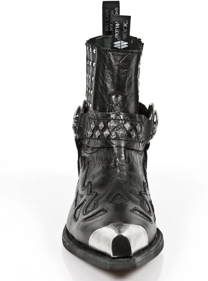 New Rock Mens Boots 7950P-S1 Black Ankle Western Goth Strap Skull Studded Metal Boot
