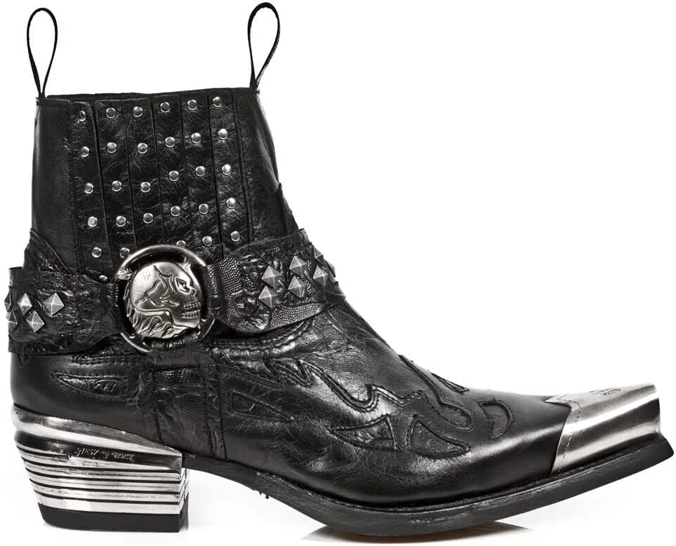 New Rock Mens Boots 7950P-S1 Black Ankle Western Goth Strap Skull Studded Metal Boot