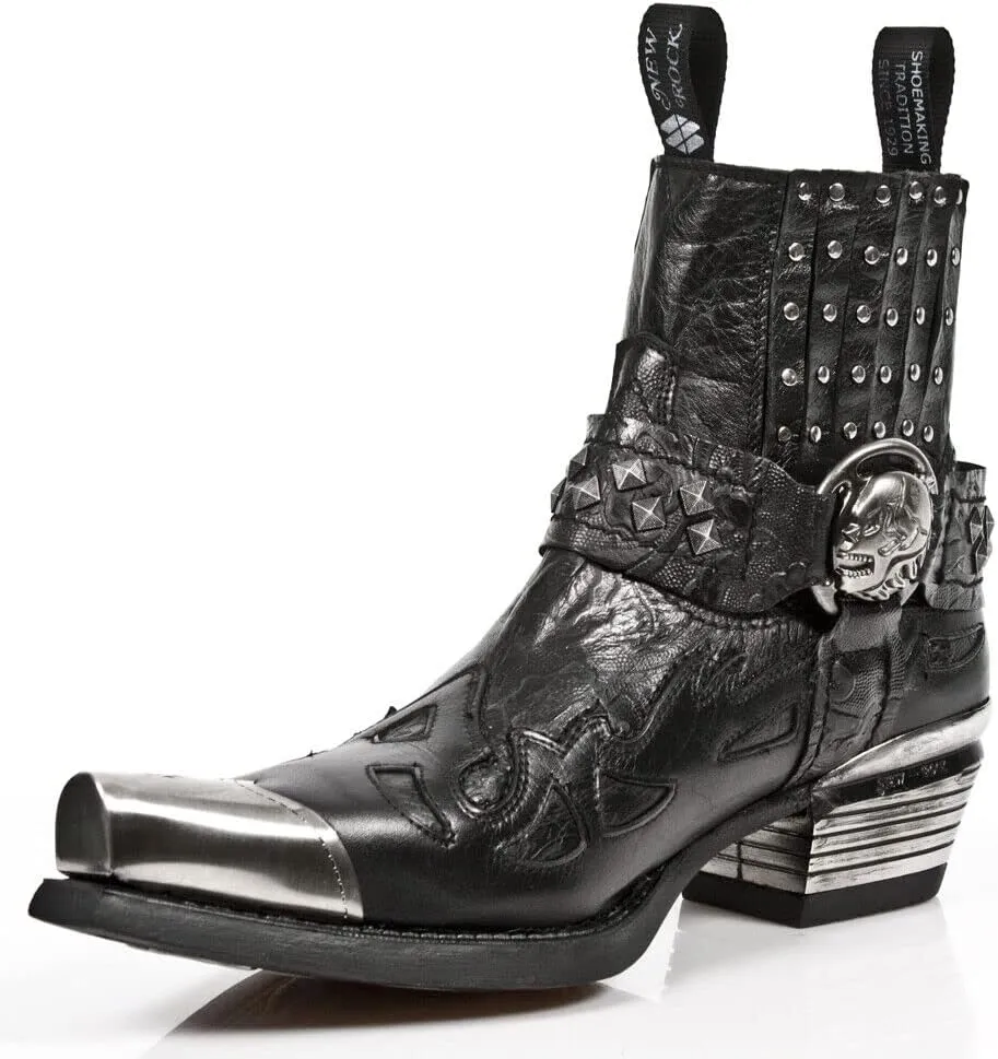 New Rock Mens Boots 7950P-S1 Black Ankle Western Goth Strap Skull Studded Metal Boot