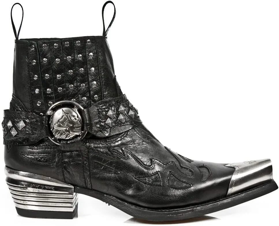New Rock Mens Boots 7950P-S1 Black Ankle Western Goth Strap Skull Studded Metal Boot