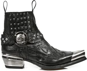 New Rock Mens Boots 7950P-S1 Black Ankle Western Goth Strap Skull Studded Metal Boot