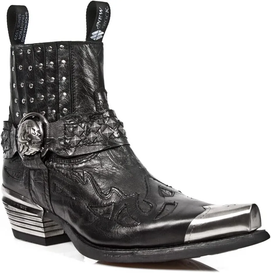 New Rock Mens Boots 7950P-S1 Black Ankle Western Goth Strap Skull Studded Metal Boot