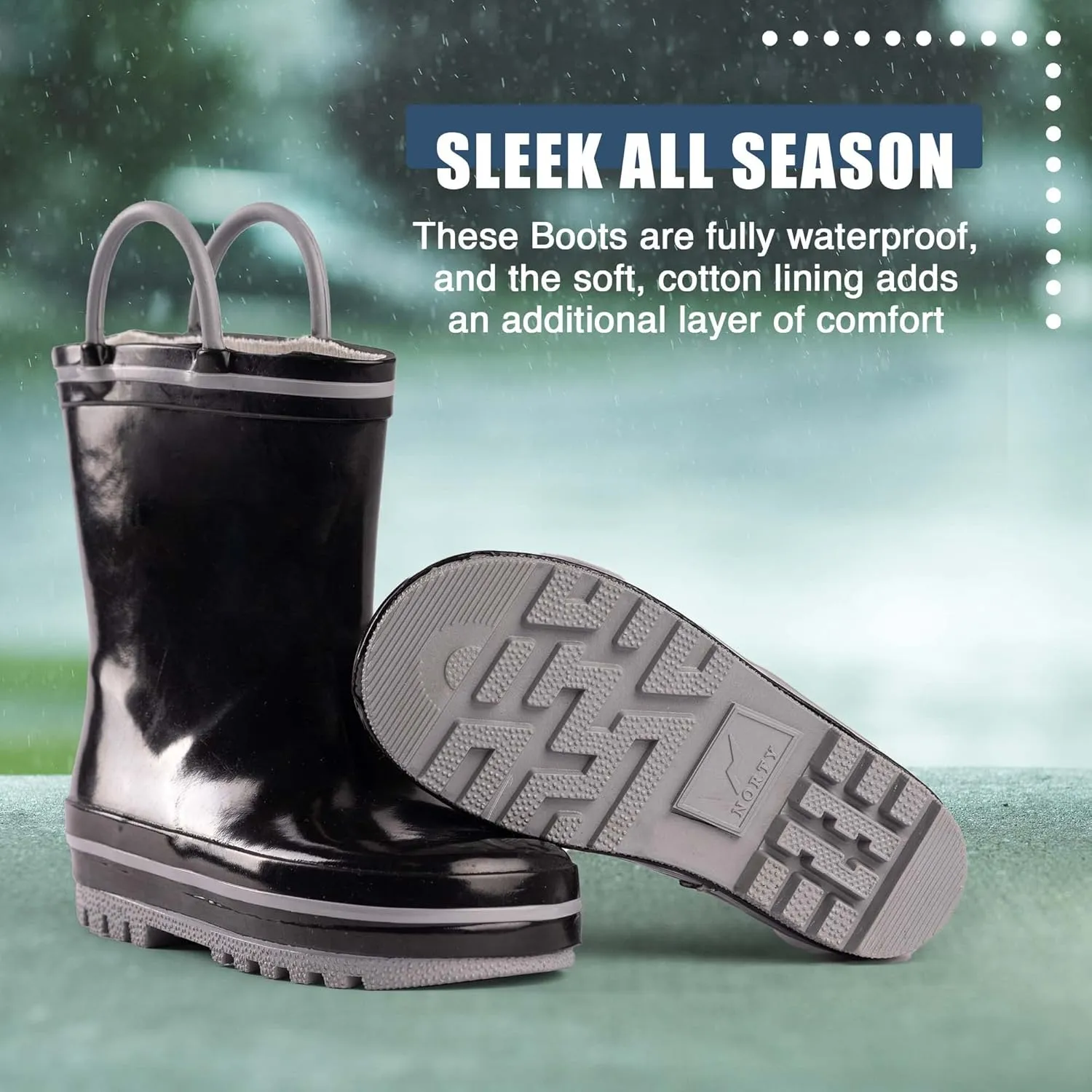NORTY Rubber Rain Boots for Kids - Waterproof Rubber Boots Boys and Girls Solid & Printed Rainboots for Toddlers and Kids