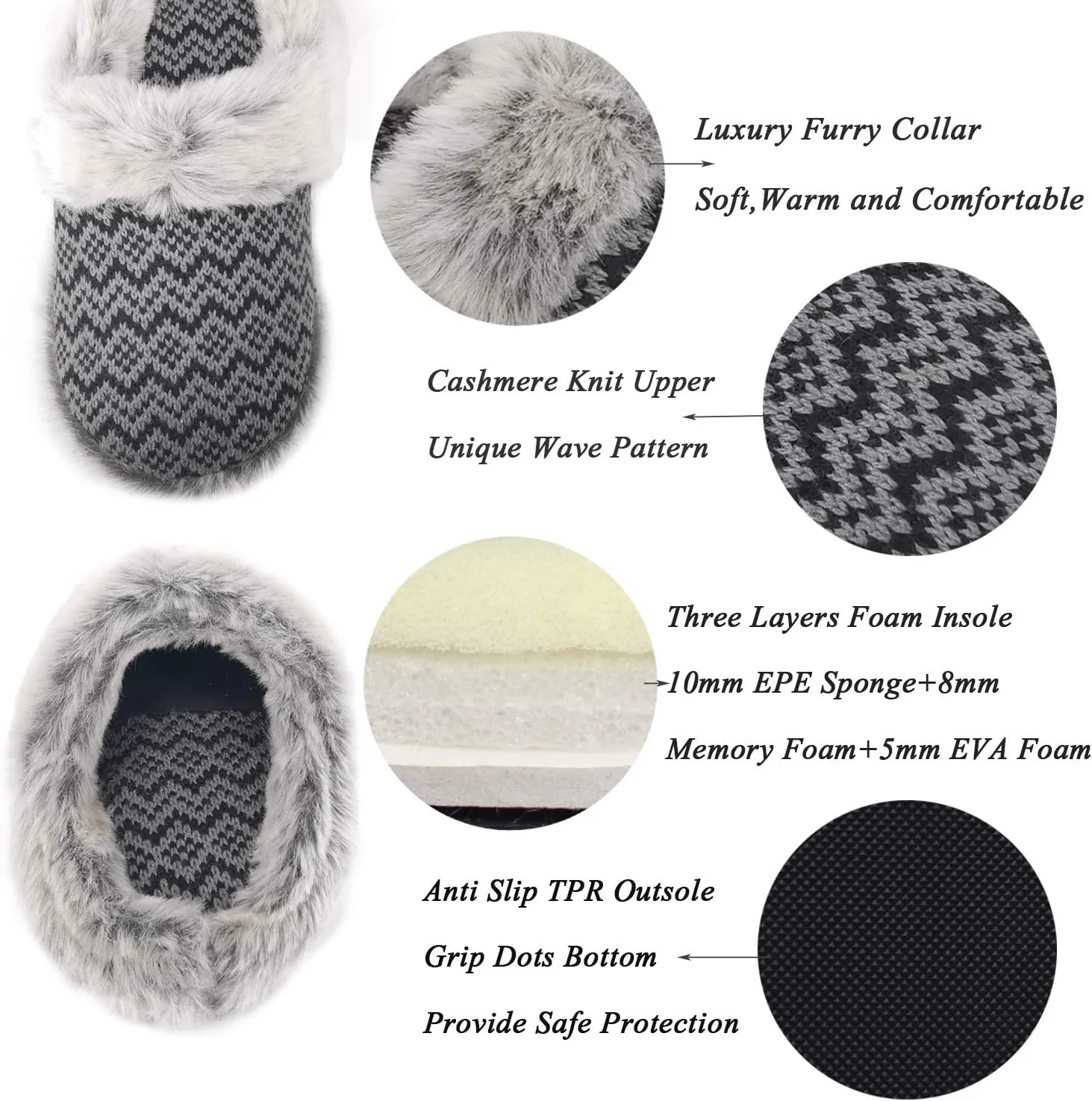 ofoot Womens Soft Comfortable Warm Furry Faux Fur House Knitted Slippers With Memory Foam Non Slip Indoor Outdoor Rubber Sole