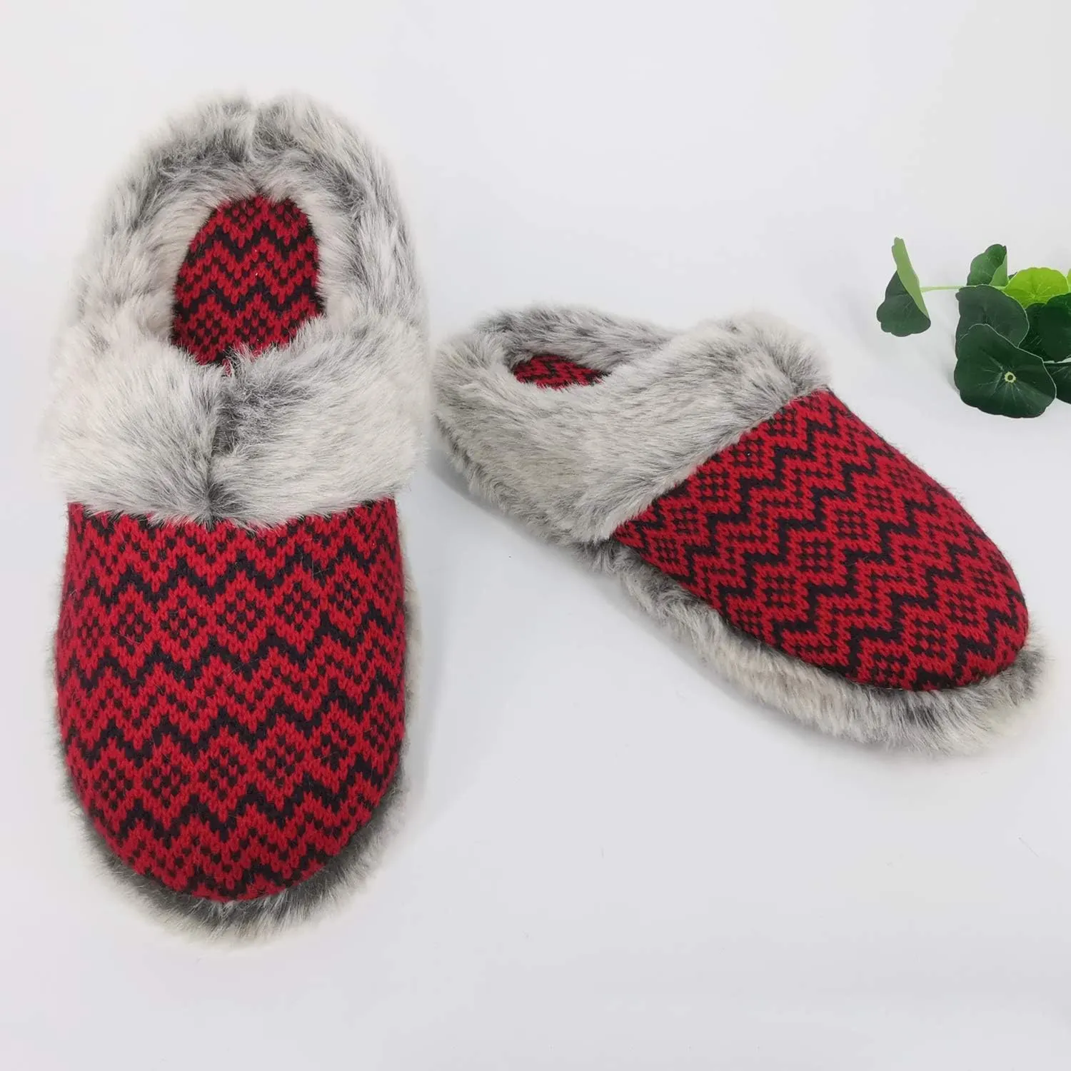 ofoot Womens Soft Comfortable Warm Furry Faux Fur House Knitted Slippers With Memory Foam Non Slip Indoor Outdoor Rubber Sole