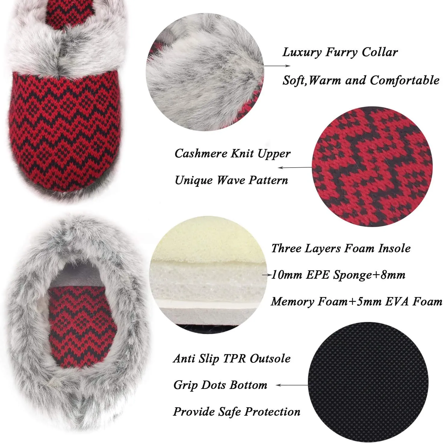 ofoot Womens Soft Comfortable Warm Furry Faux Fur House Knitted Slippers With Memory Foam Non Slip Indoor Outdoor Rubber Sole