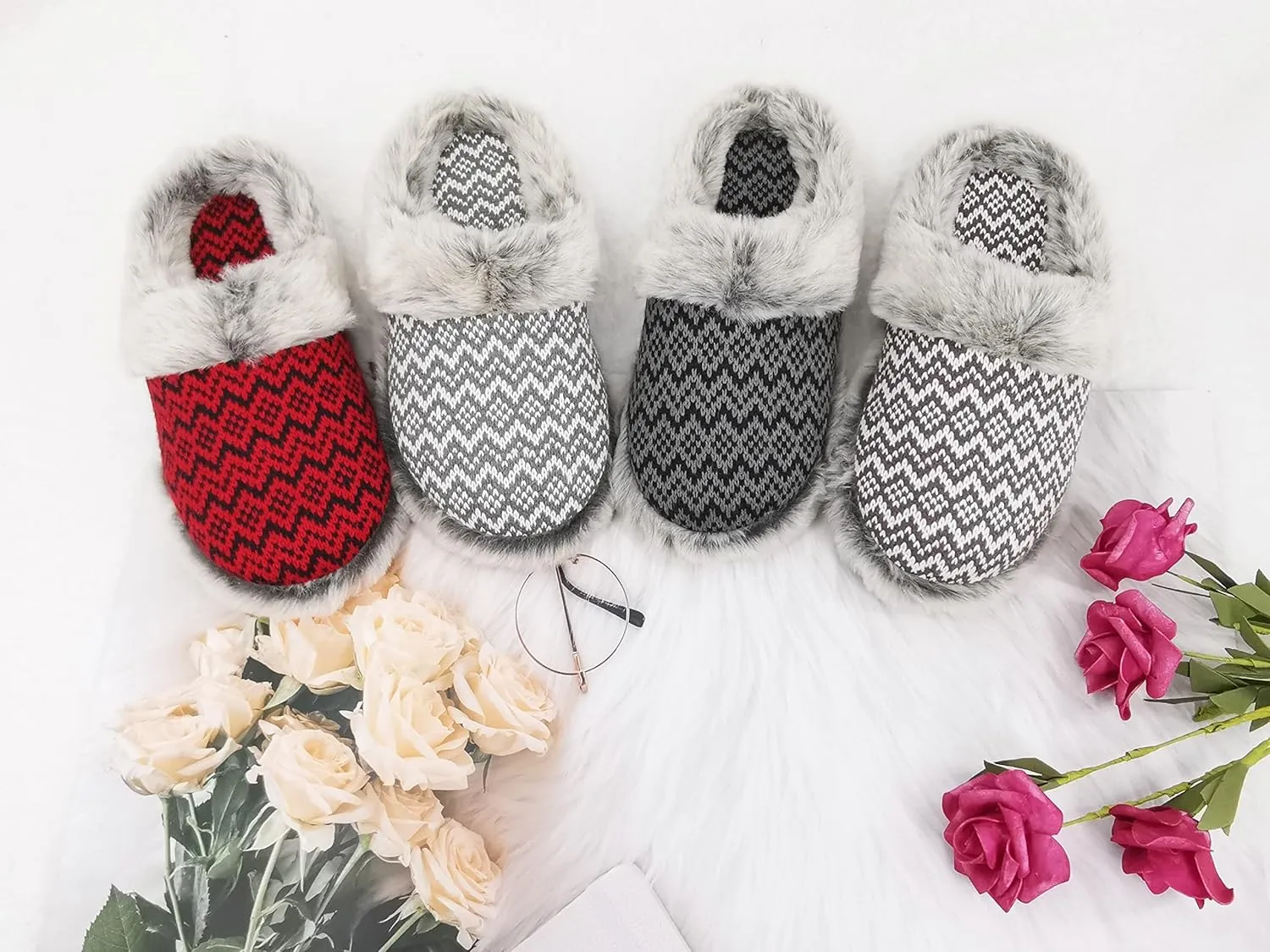 ofoot Womens Soft Comfortable Warm Furry Faux Fur House Knitted Slippers With Memory Foam Non Slip Indoor Outdoor Rubber Sole