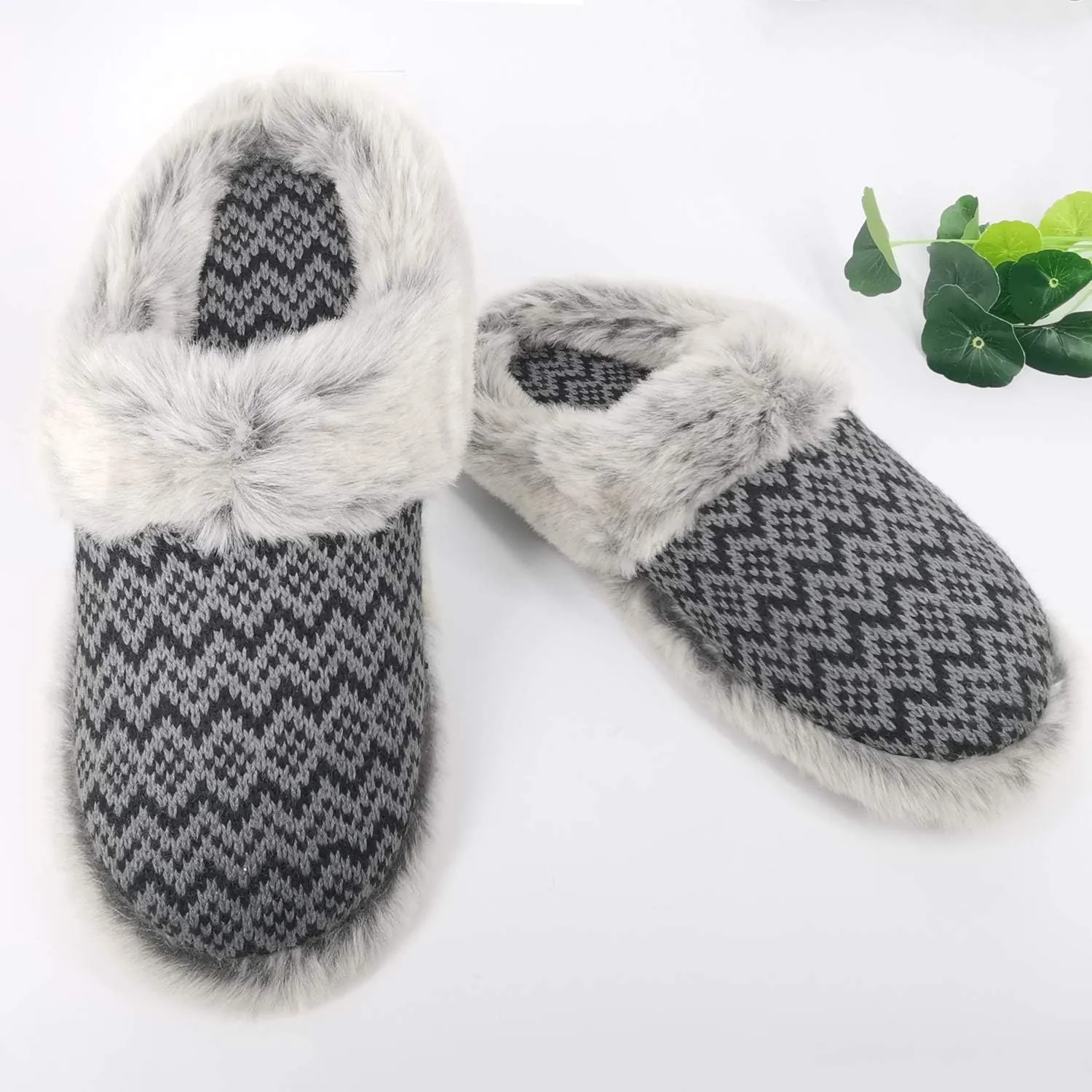 ofoot Womens Soft Comfortable Warm Furry Faux Fur House Knitted Slippers With Memory Foam Non Slip Indoor Outdoor Rubber Sole