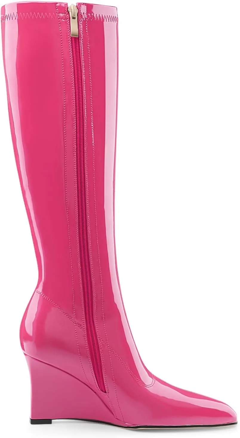 Oh Mispares Women's Wedge Heel Knee High Boots Classic Pointed Toe Tall Boots Patent Leather Fashion Long Boots with Side Zipper Comfortable Winter Dress Shoes