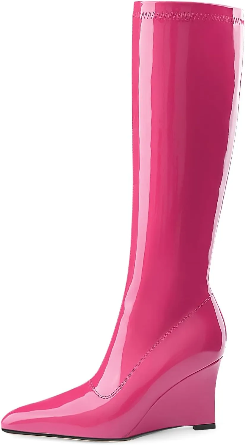 Oh Mispares Women's Wedge Heel Knee High Boots Classic Pointed Toe Tall Boots Patent Leather Fashion Long Boots with Side Zipper Comfortable Winter Dress Shoes