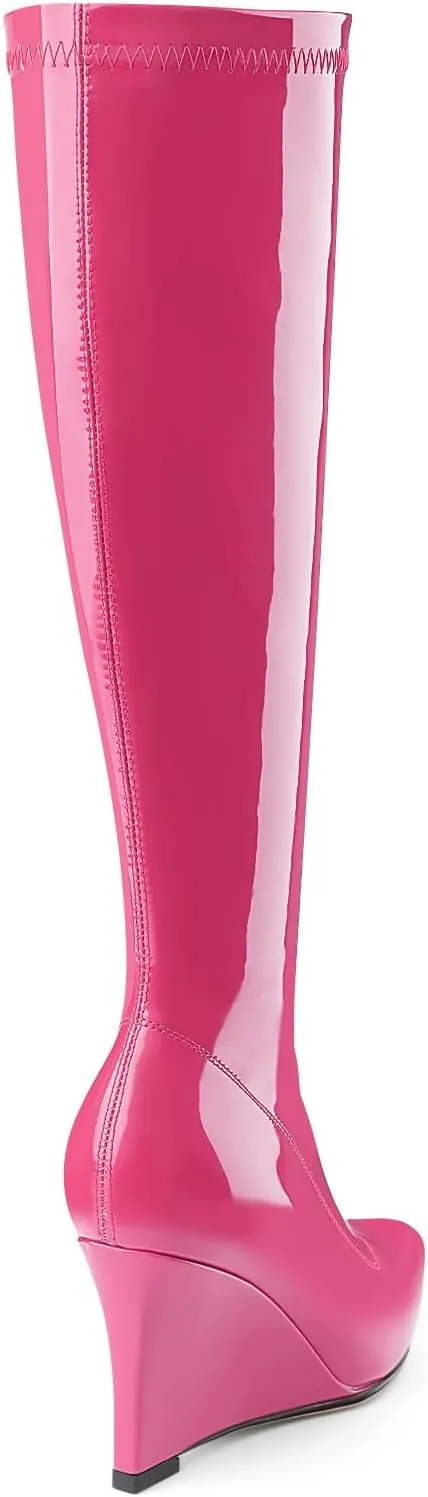 Oh Mispares Women's Wedge Heel Knee High Boots Classic Pointed Toe Tall Boots Patent Leather Fashion Long Boots with Side Zipper Comfortable Winter Dress Shoes
