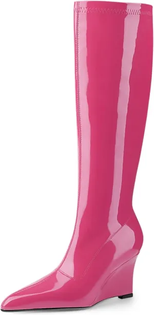 Oh Mispares Women's Wedge Heel Knee High Boots Classic Pointed Toe Tall Boots Patent Leather Fashion Long Boots with Side Zipper Comfortable Winter Dress Shoes