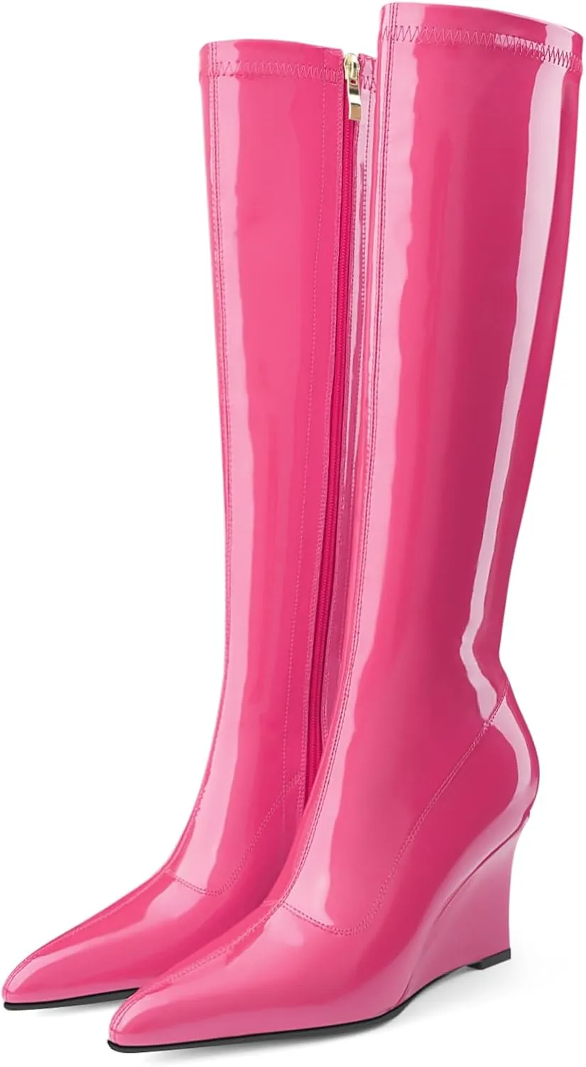 Oh Mispares Women's Wedge Heel Knee High Boots Classic Pointed Toe Tall Boots Patent Leather Fashion Long Boots with Side Zipper Comfortable Winter Dress Shoes