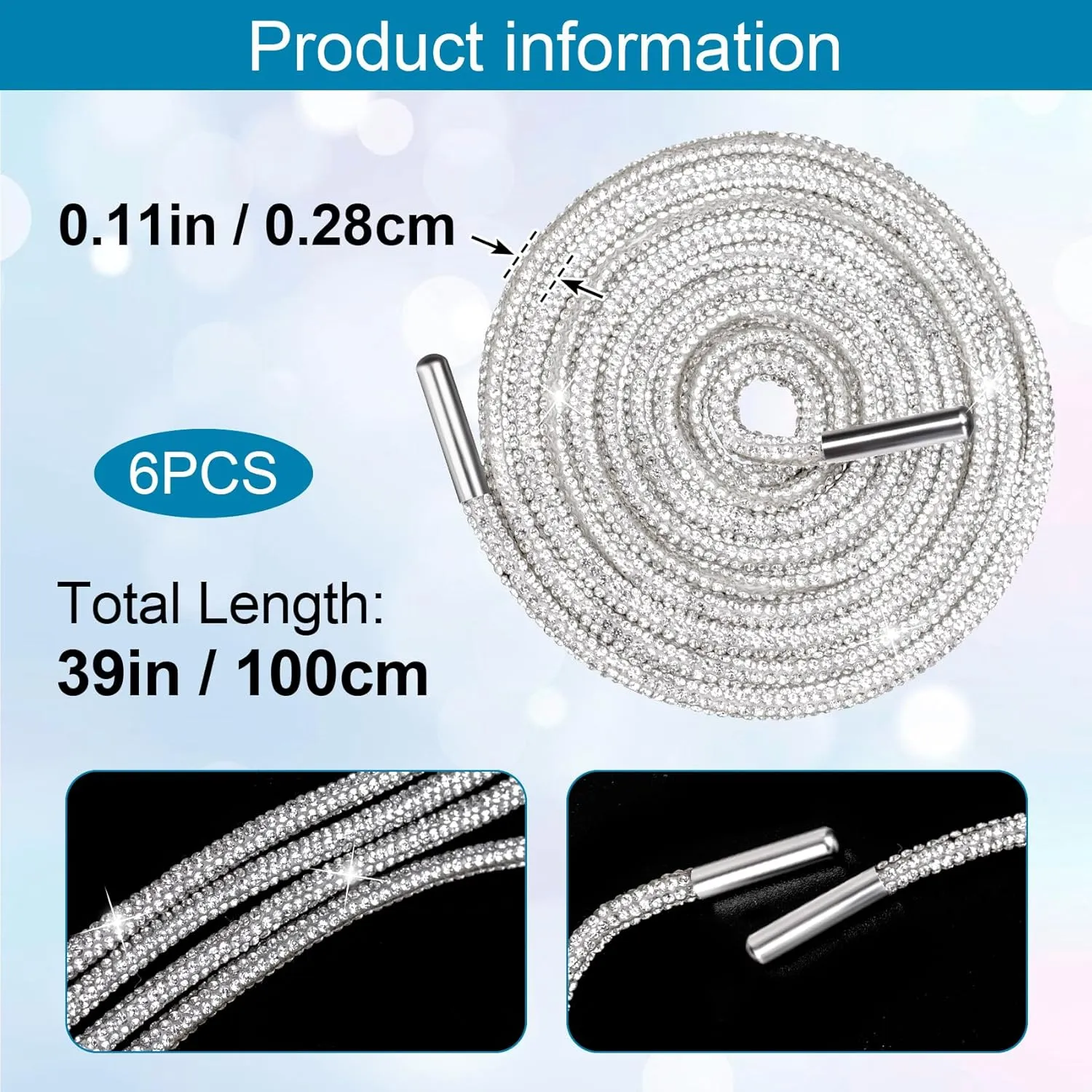 PAGOW Rhinestone Glitter Ropes, Crystal Bling Bling Shiny Round Shoe Laces for Sneakers, Drawstring Cords Replacement