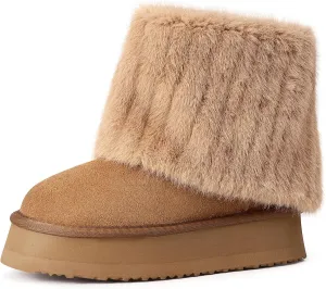 Pasuot Platform Fur Boots for Women - Genuine Cow Suede Platform Furry Faux Fur Boots, Fuzzy Fleece Lined Ankle Boots, Warm Winter Classic Short Mini Bootie for Indoor Outdoor, Anti-slip Sole, 10