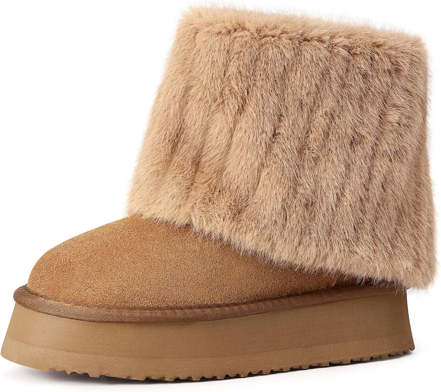 Pasuot Platform Fur Boots for Women - Genuine Cow Suede Platform Furry Faux Fur Boots, Fuzzy Fleece Lined Ankle Boots, Warm Winter Classic Short Mini Bootie for Indoor Outdoor, Anti-slip Sole, 10