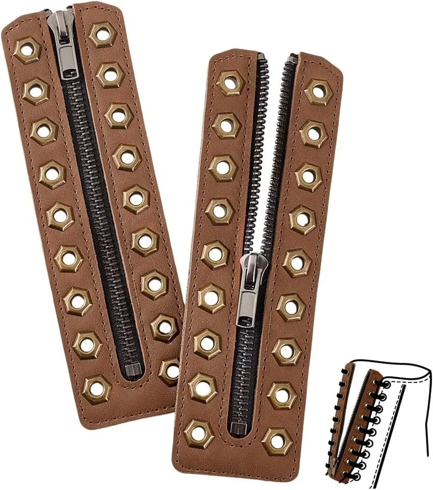 PH PandaHall 2pcs Leather Lace-In Boot Zipper Inserts 6.9x2 Inch 9 Metal Eyelets Cowhide Shoe Laces Zippers Tieless Shoe Laces for Adults No-Tie Shoelaces for Shoes Repair DIY, Camel