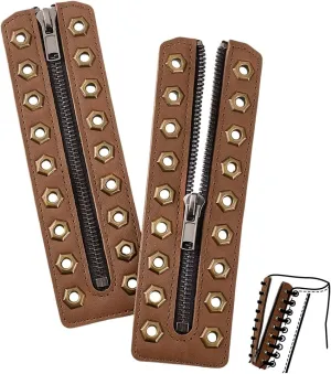 PH PandaHall 2pcs Leather Lace-In Boot Zipper Inserts 6.9x2 Inch 9 Metal Eyelets Cowhide Shoe Laces Zippers Tieless Shoe Laces for Adults No-Tie Shoelaces for Shoes Repair DIY, Camel