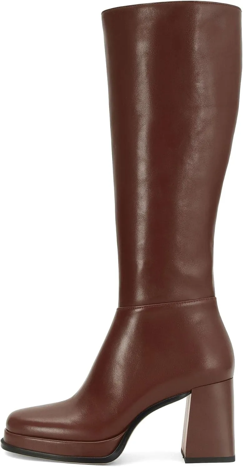 Platform Knee High Boots for Women Leather Square Toe Knee High Boots Chunky Heel Gogo Boots Side Zipper Tall Boots