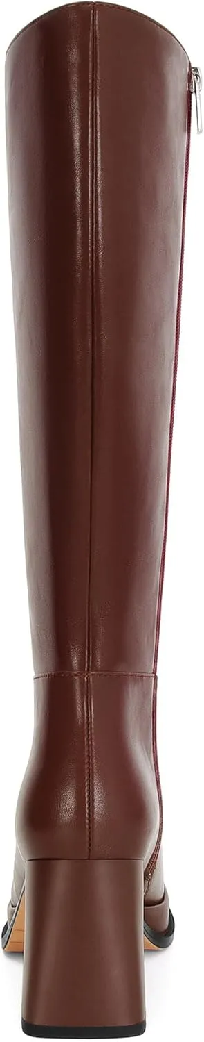 Platform Knee High Boots for Women Leather Square Toe Knee High Boots Chunky Heel Gogo Boots Side Zipper Tall Boots