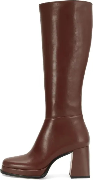 Platform Knee High Boots for Women Leather Square Toe Knee High Boots Chunky Heel Gogo Boots Side Zipper Tall Boots