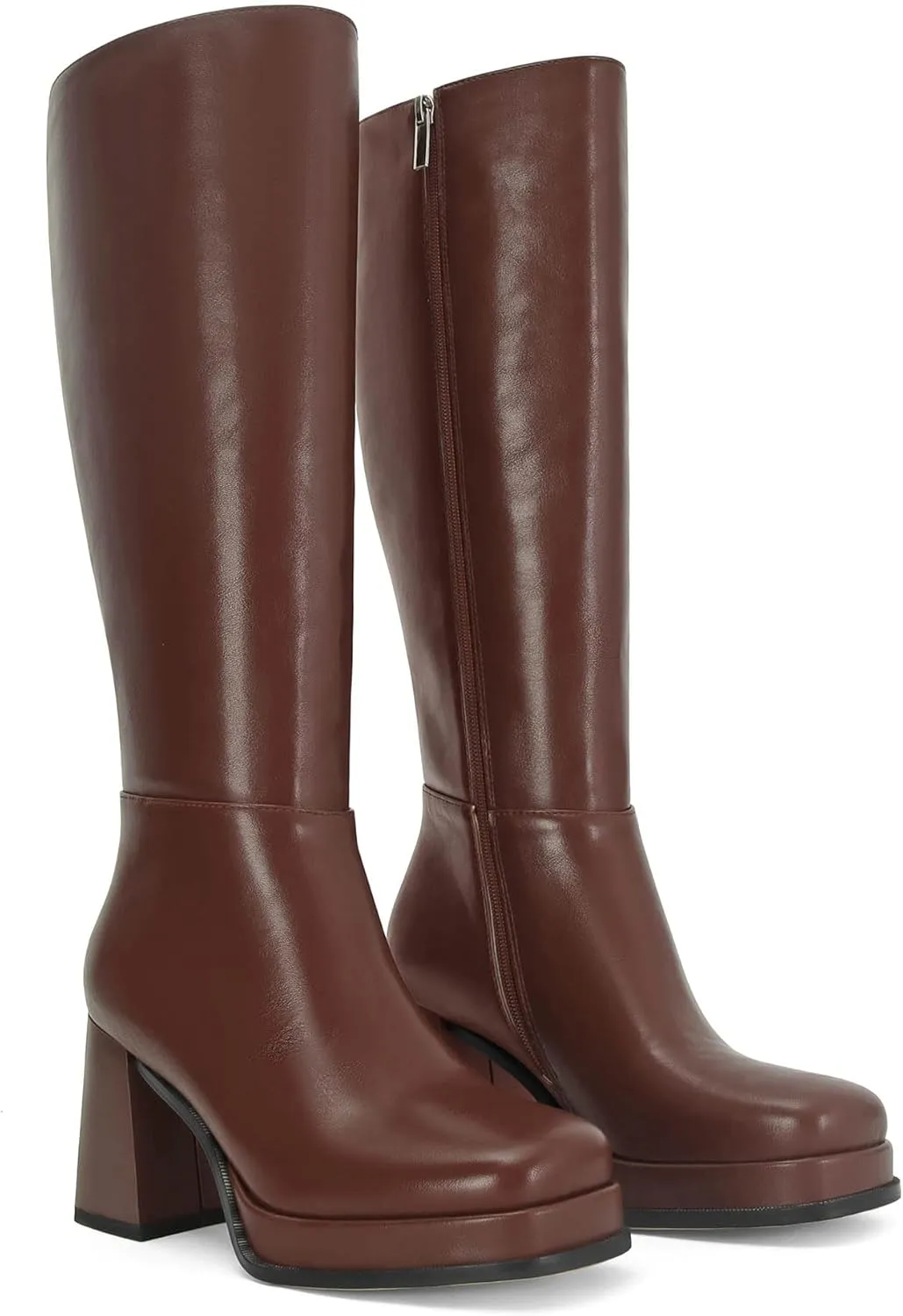 Platform Knee High Boots for Women Leather Square Toe Knee High Boots Chunky Heel Gogo Boots Side Zipper Tall Boots