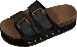 Platform Sandals Women Cork Footbed Orthopedic Slides 2 Straps Adjustable Buckle Slip On Summer with Comfort Shoes