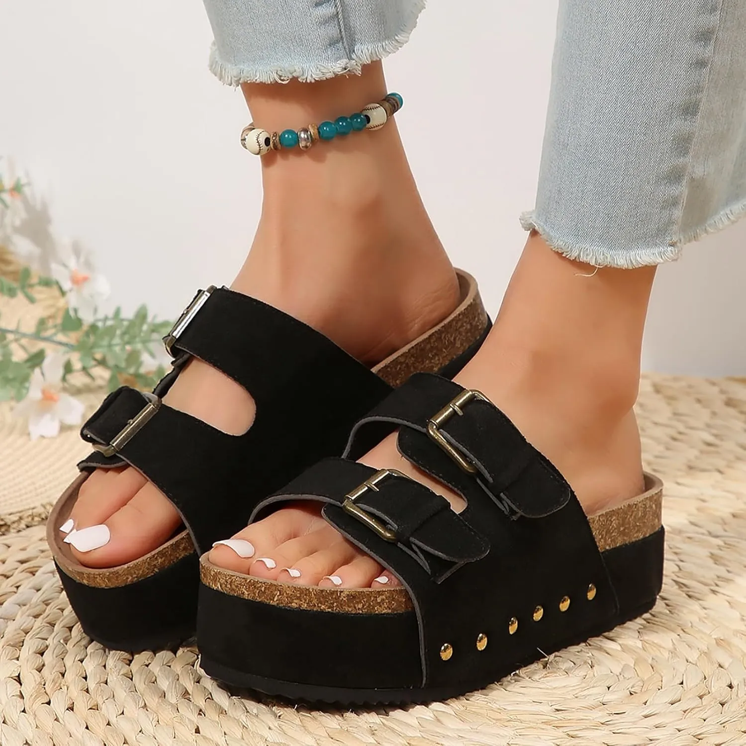 Platform Sandals Women Cork Footbed Orthopedic Slides 2 Straps Adjustable Buckle Slip On Summer with Comfort Shoes