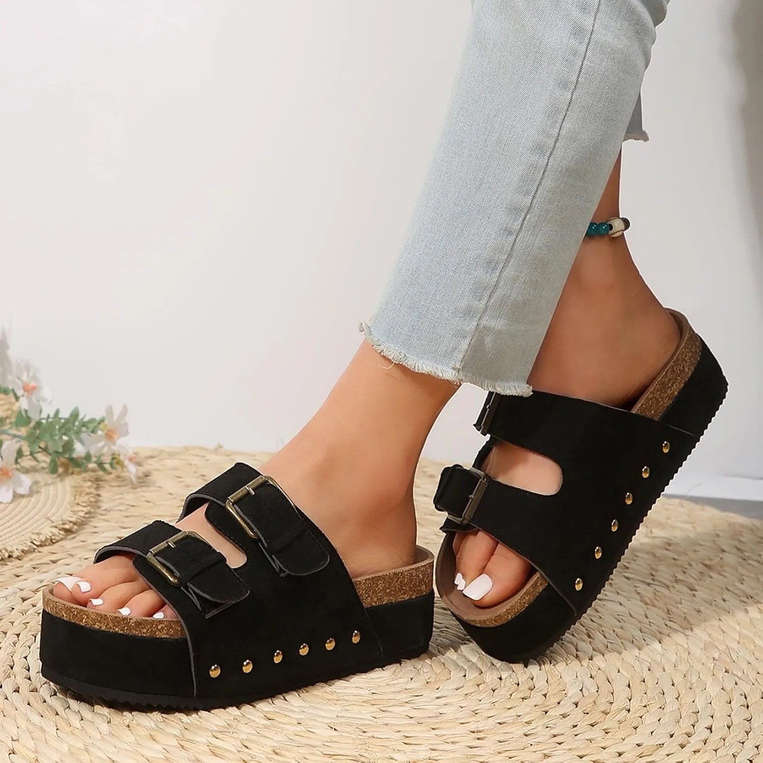 Platform Sandals Women Cork Footbed Orthopedic Slides 2 Straps Adjustable Buckle Slip On Summer with Comfort Shoes
