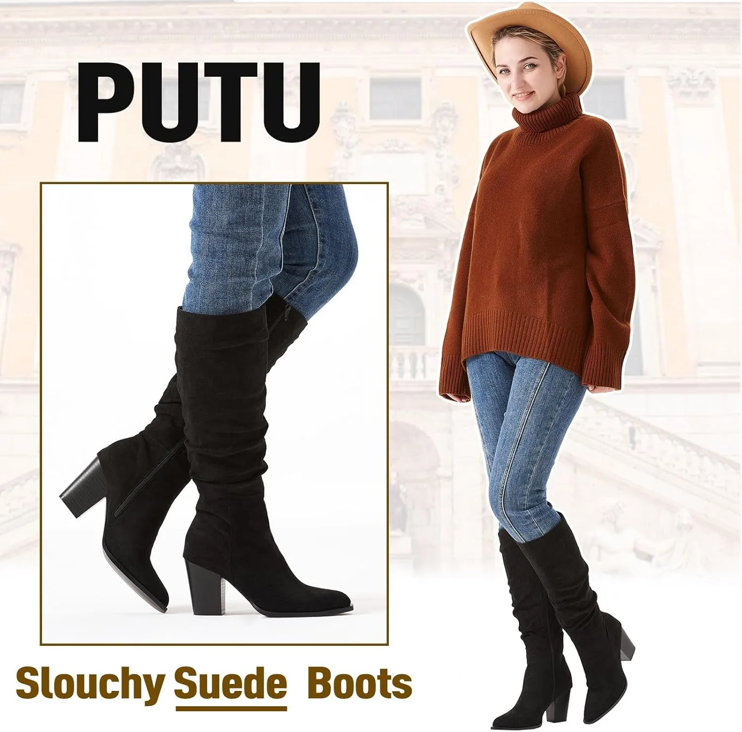 Putu Women's Pointed Toe Knee High Boots Faux Suede Slouch Boots with Chunky Heel