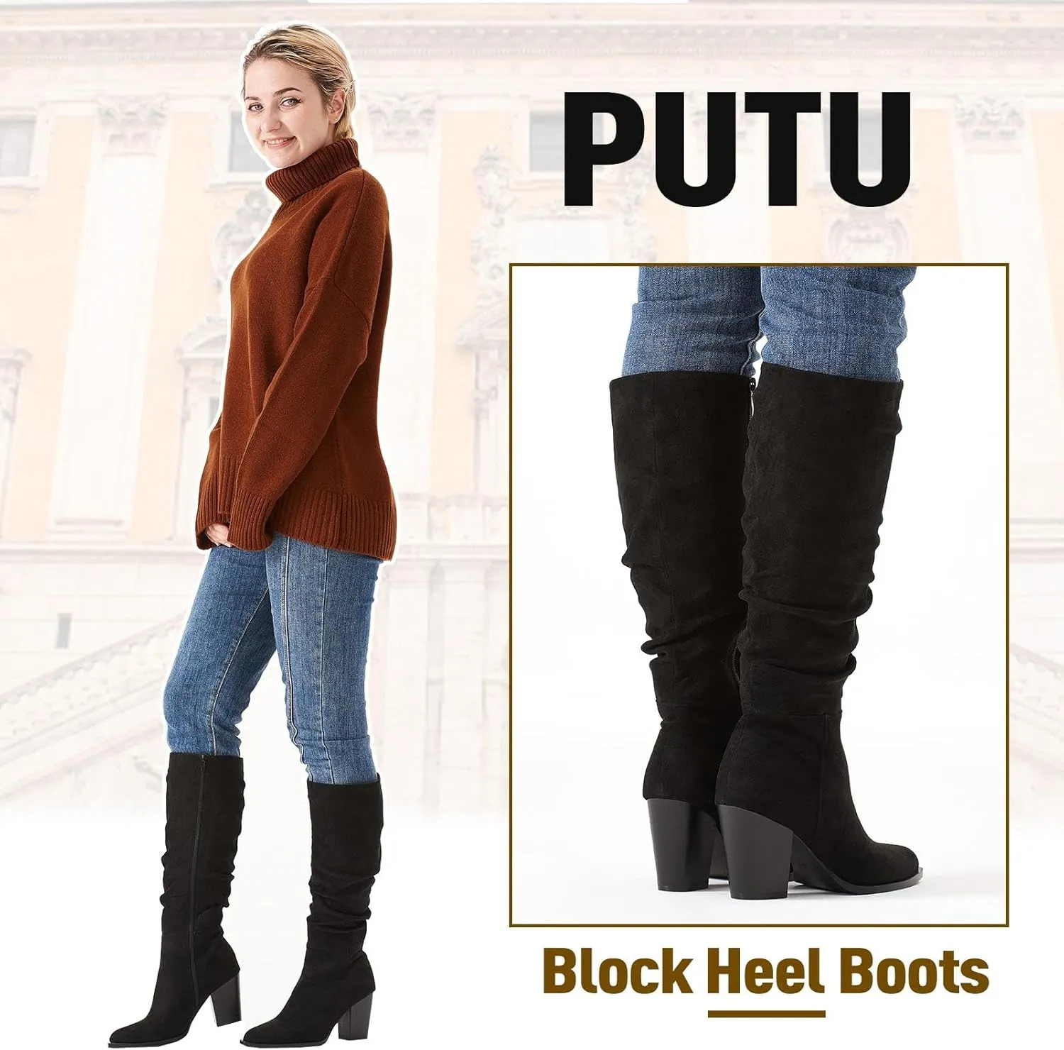 Putu Women's Pointed Toe Knee High Boots Faux Suede Slouch Boots with Chunky Heel