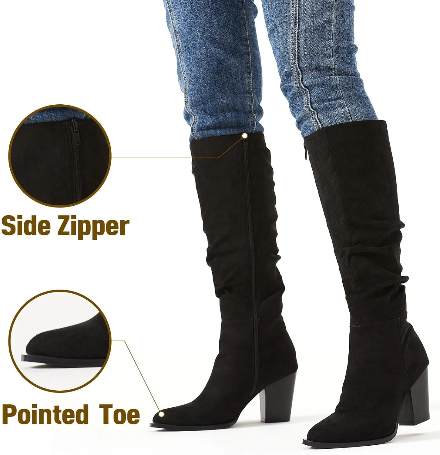 Putu Women's Pointed Toe Knee High Boots Faux Suede Slouch Boots with Chunky Heel